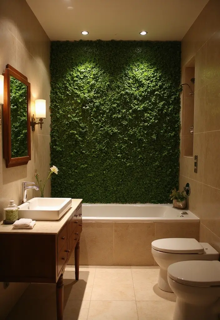 28 Green Wall Bathroom Ideas That Feel Natural - 15. Layered Lighting 1