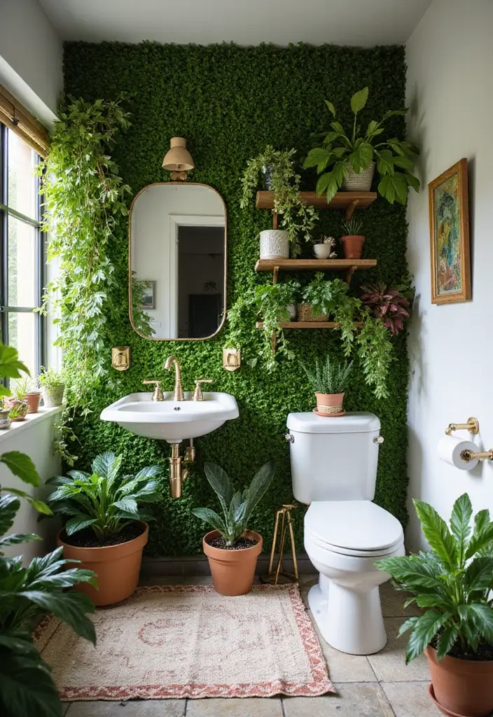 28 Green Wall Bathroom Ideas That Feel Natural - 17. Colorful Plant Variety 1