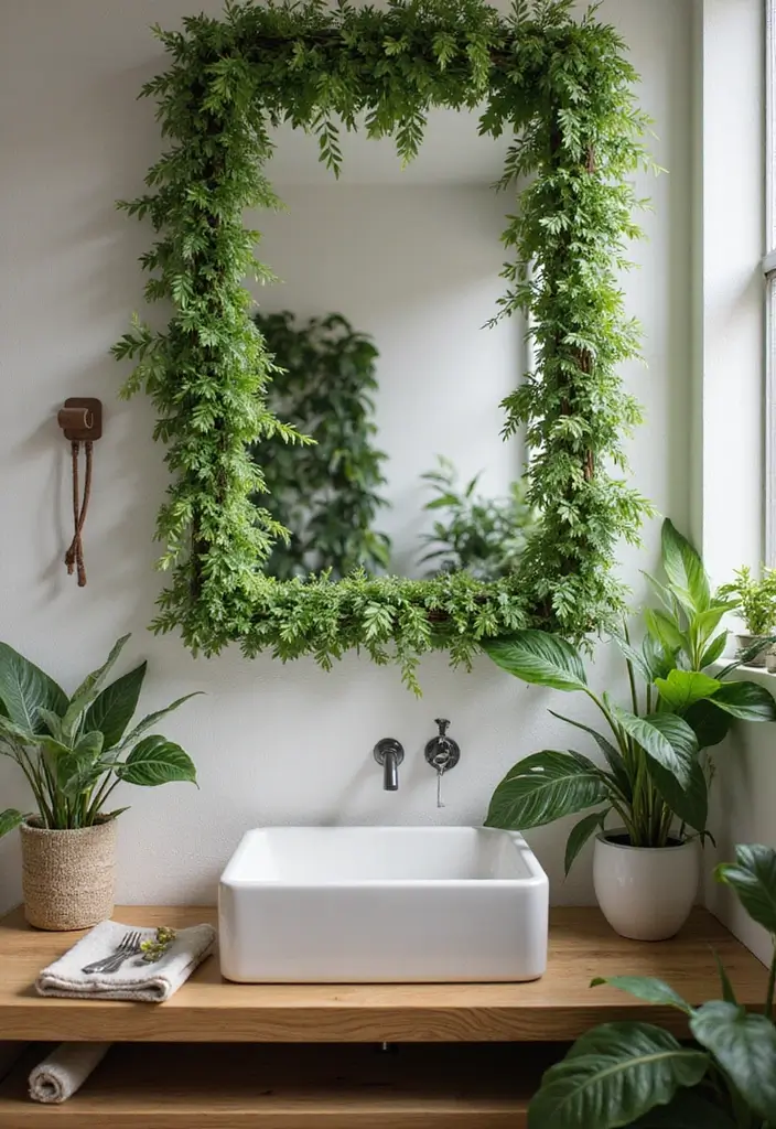 28 Green Wall Bathroom Ideas That Feel Natural - 18. Plant-Infused Mirrors 1