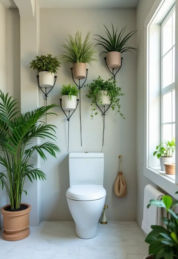 28 Green Wall Bathroom Ideas That Feel Natural - 26. Wall-Mounted Plant Holders 1