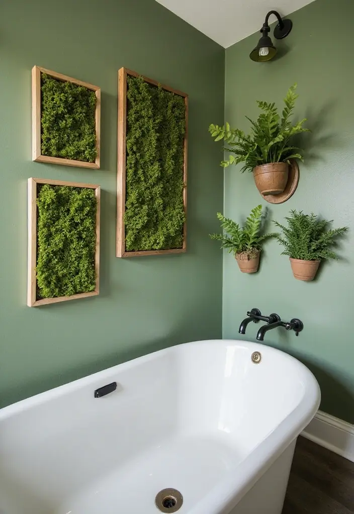 28 Green Wall Bathroom Ideas That Feel Natural - 3. Green Wall Art 1
