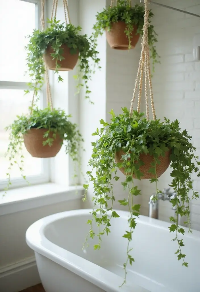 28 Green Wall Bathroom Ideas That Feel Natural - 4. Hanging Planters 1