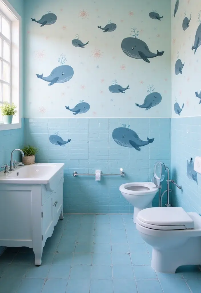 28 Kids Bathroom Tile Ideas That Feel Fun - 11. Whimsical Whales 1