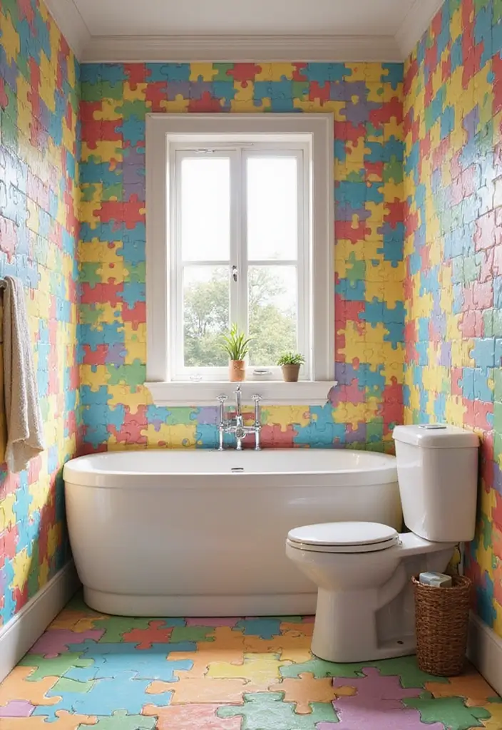 28 Kids Bathroom Tile Ideas That Feel Fun - 17. Puzzle Play 1