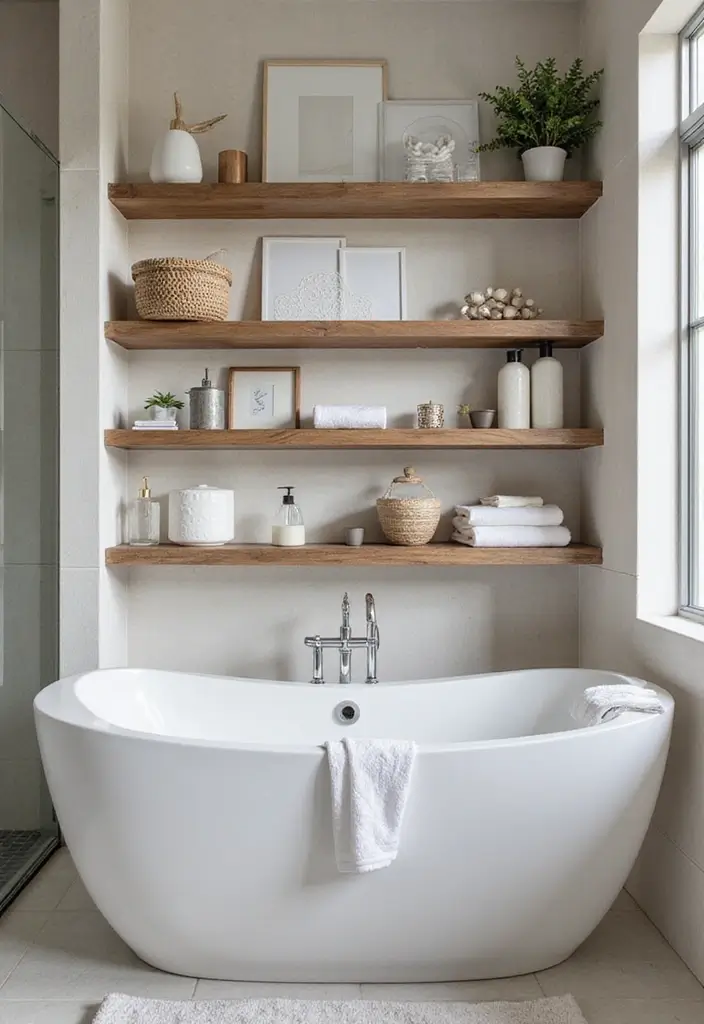 28 Modern Bathroom Ideas That Feel Sleek - 14. Open Shelving Solutions 1
