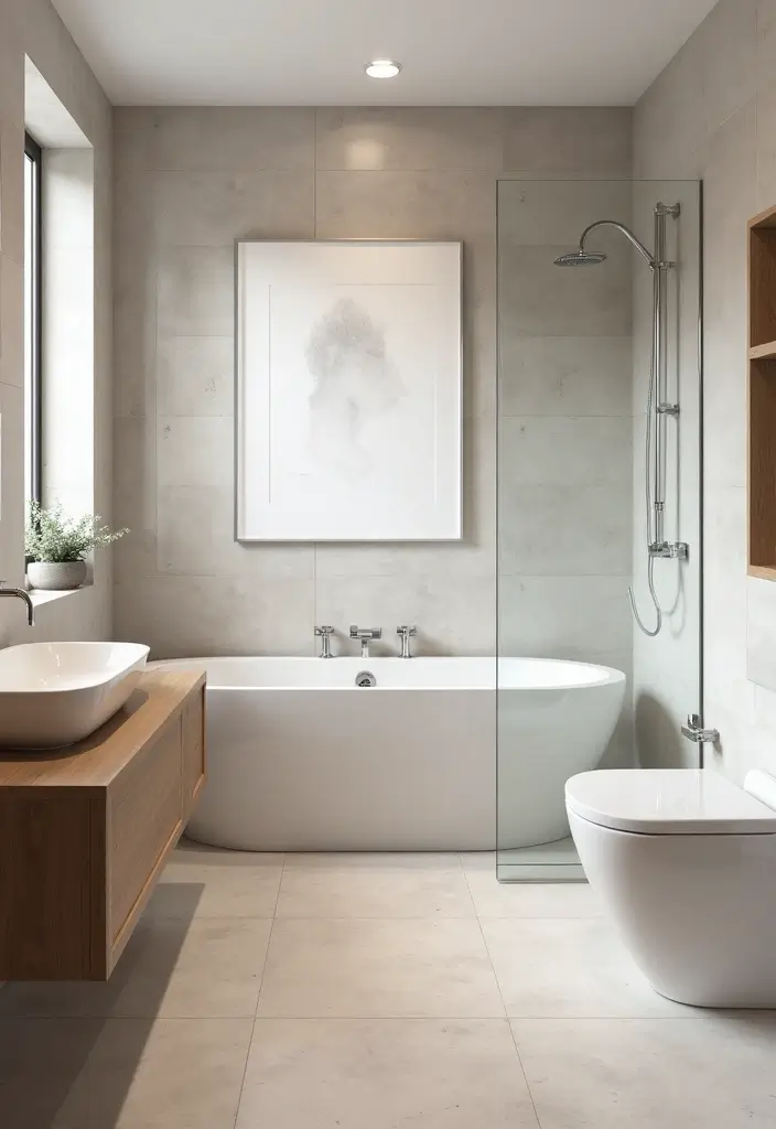 28 Modern Bathroom Ideas That Feel Sleek - 20. Minimalist Artwork 1