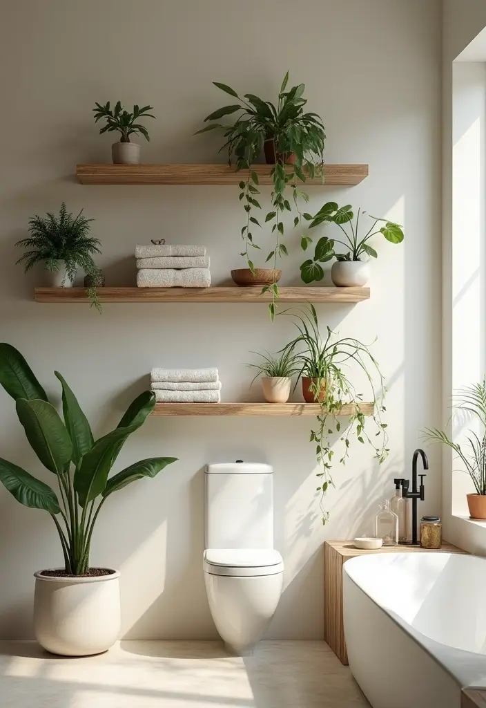 28 Modern Tropical Bathroom Ideas With Natural Tones - 20. Open Shelving for Easy Access 1