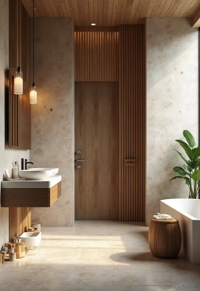 28 Modern Tropical Bathroom Ideas With Natural Tones - 7. Textured Walls for Depth 1