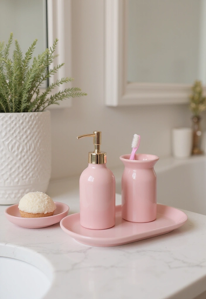 28 Small Bathroom Ideas Pink And Elegant - 15. Pink Bath Accessories 1