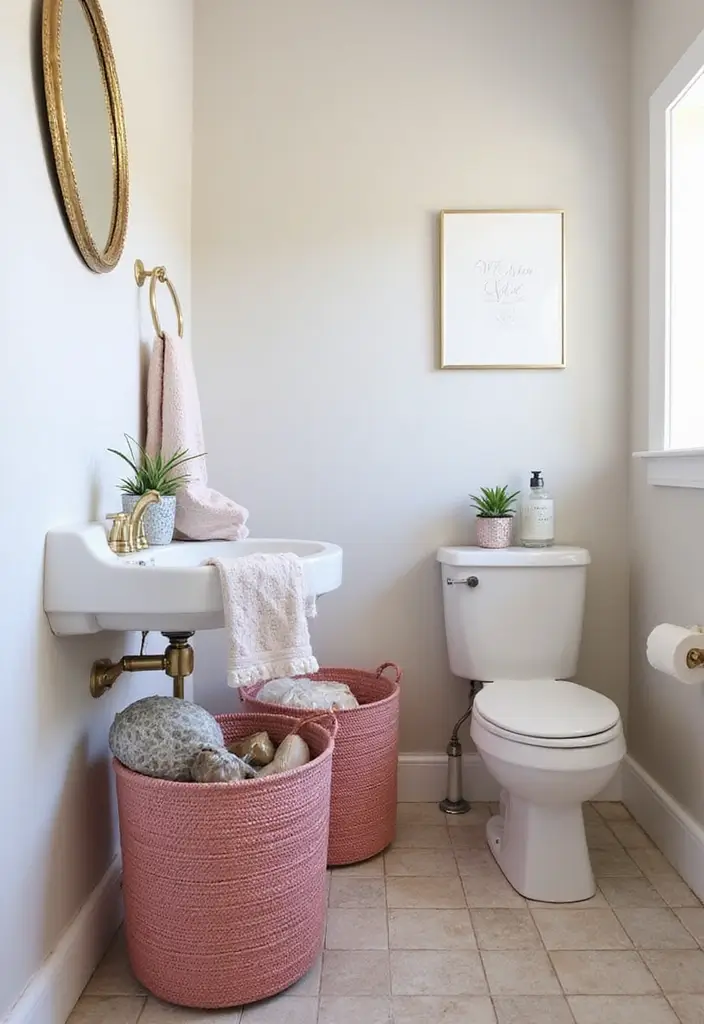 28 Small Bathroom Ideas Pink And Elegant - 23. Pink Woven Baskets 1