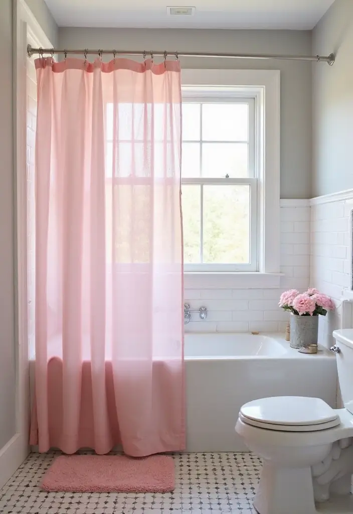 28 Small Bathroom Ideas Pink And Elegant - 8. Pink Shower Curtains 1