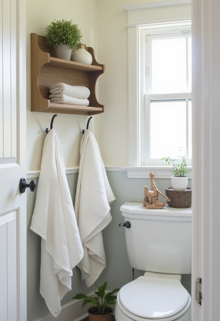 28 Small Half Bathroom Decor Ideas That Feel Spacious - 27. Simple Wall Hooks 1