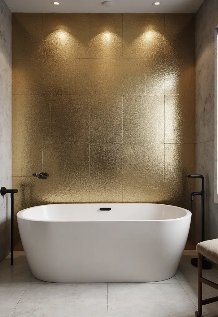 29 Bathroom Highlighter Tiles Ideas For Accent Walls - 16. Metallic Finishes 1