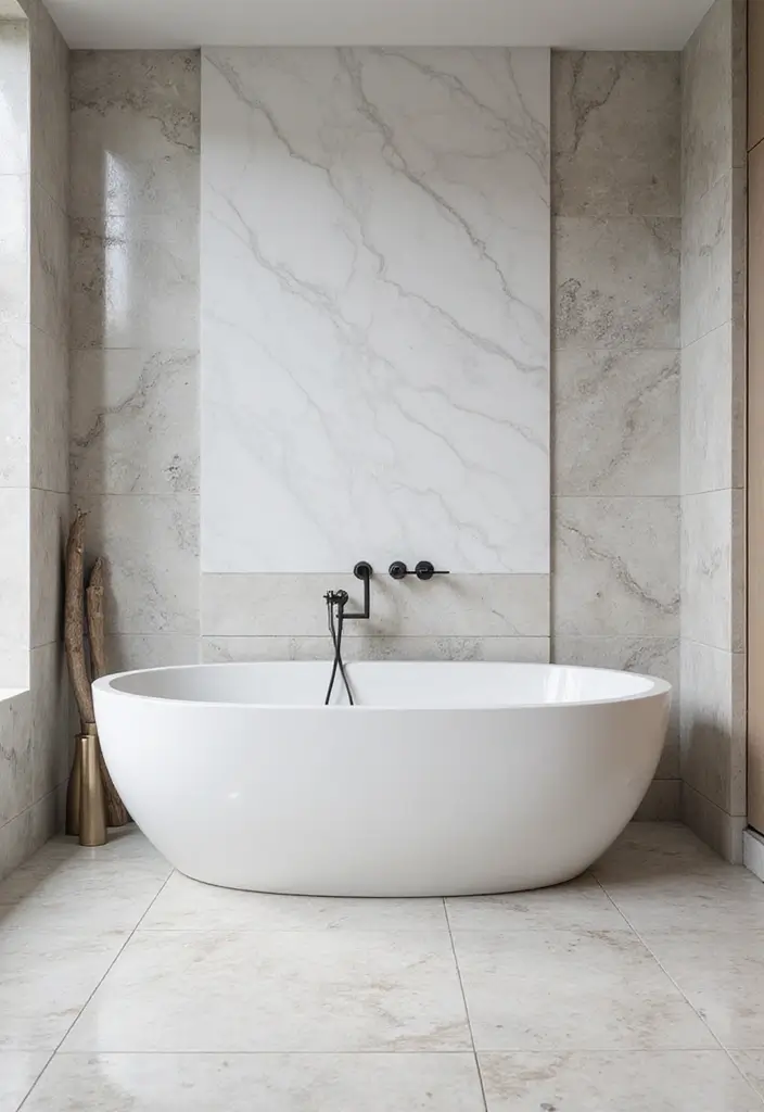 29 Bathroom Highlighter Tiles Ideas For Accent Walls - 24. Modern Marble 1