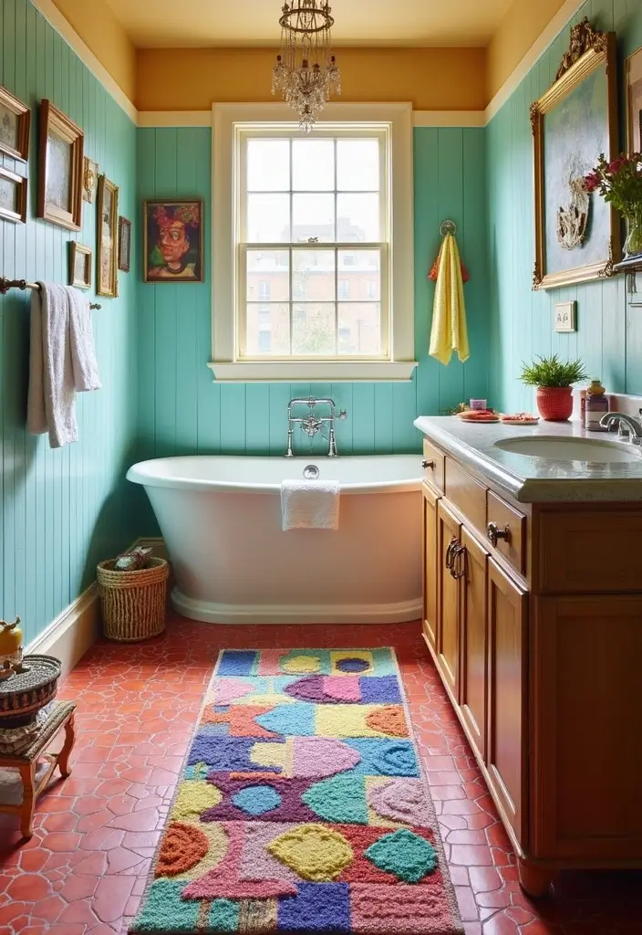 29 Bathroom Runner Rug Ideas That Tie The Room Together - 27. Colorful Patchwork Rugs 1