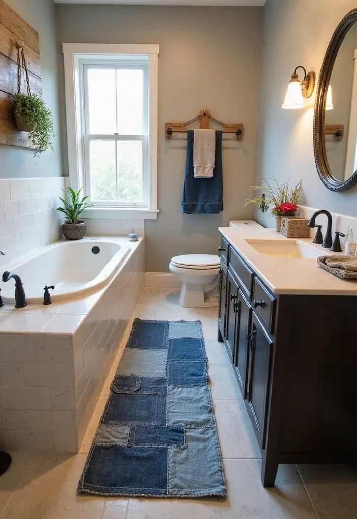 29 Bathroom Runner Rug Ideas That Tie The Room Together - 8. Upcycled Denim Rugs 1