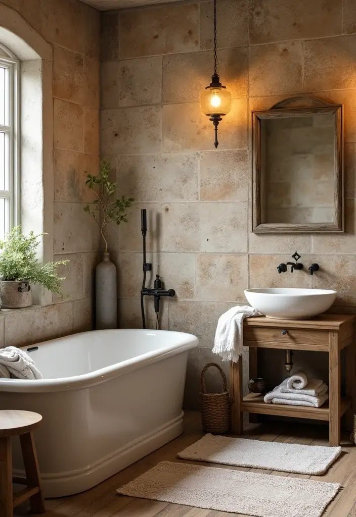 29 Bathroom Tiles Combination Ideas That Work Beautifully - 22. Rustic Tiles with Weathered Looks 1