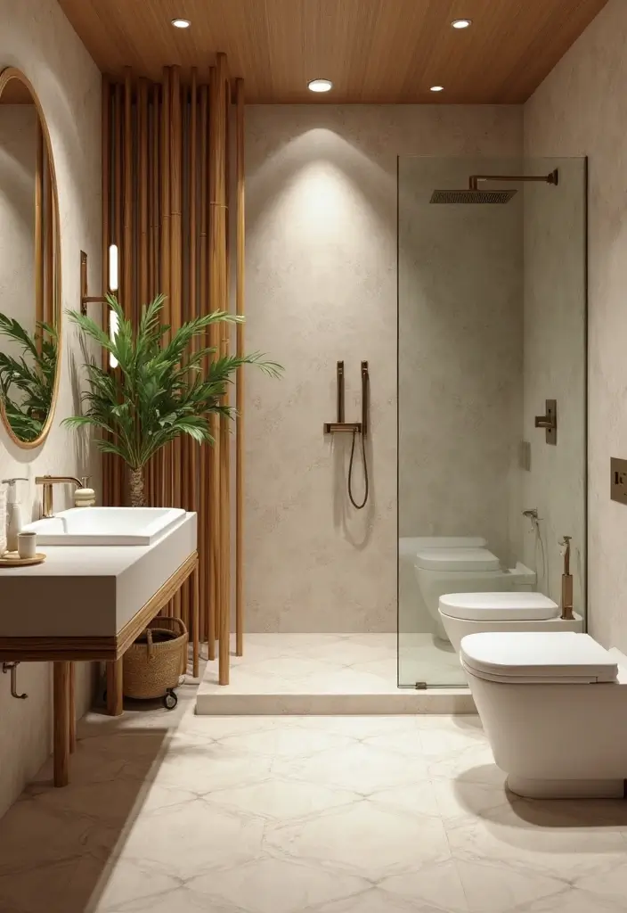 29 Bathroom Tiles Combination Ideas That Work Beautifully - 25. Sustainable Bamboo and Ceramic Mix 1