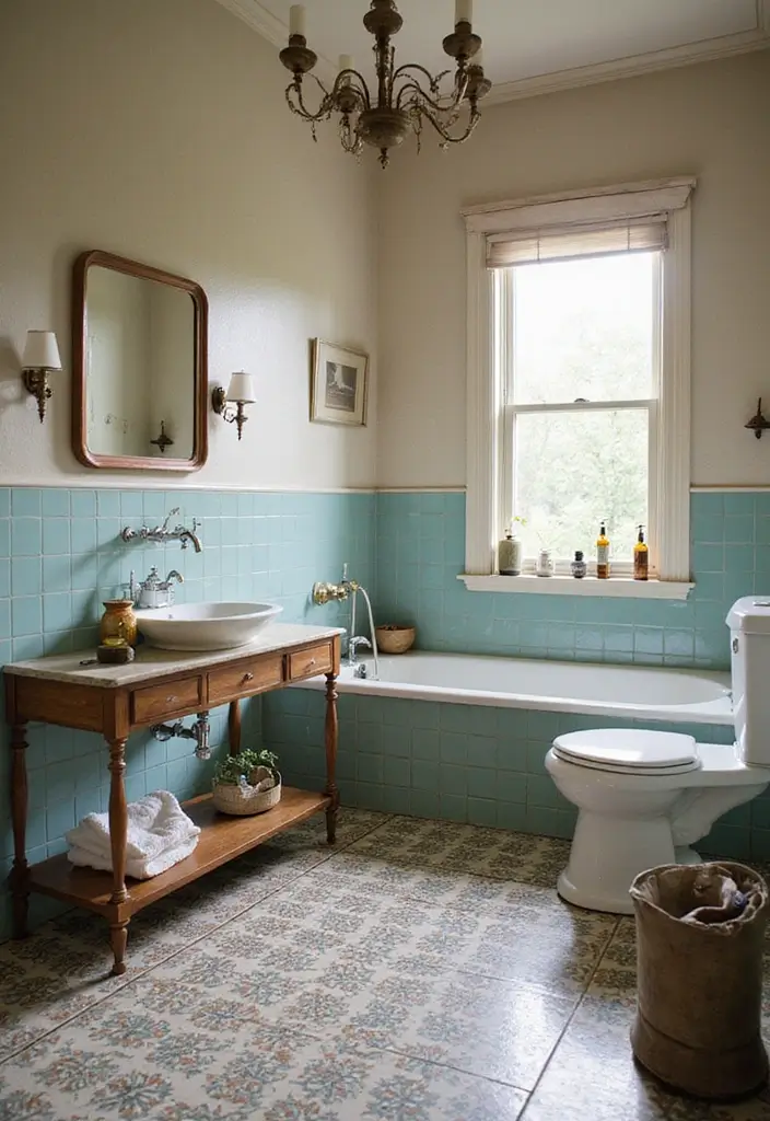 29 Bathroom Tiles Combination Ideas That Work Beautifully - 6. Vintage Patterns with Modern Accents 1