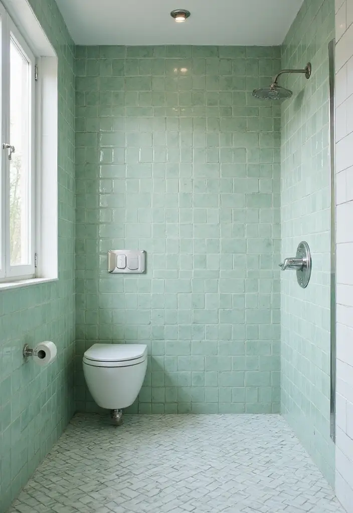 29 Green And White Bathroom Designs That Feel Fresh - 10. Green and White Tiles for a Fresh Shower 1