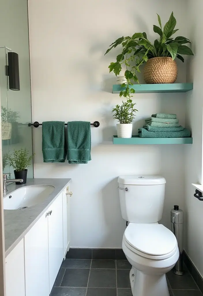 29 Green And White Bathroom Designs That Feel Fresh - 17. Creative Green Shelving 1