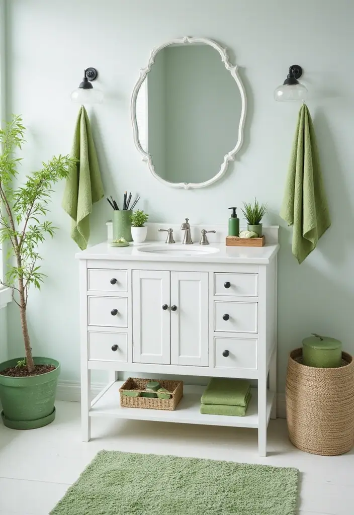 29 Green And White Bathroom Designs That Feel Fresh - 2. Modern White Vanity with Green Accents 1