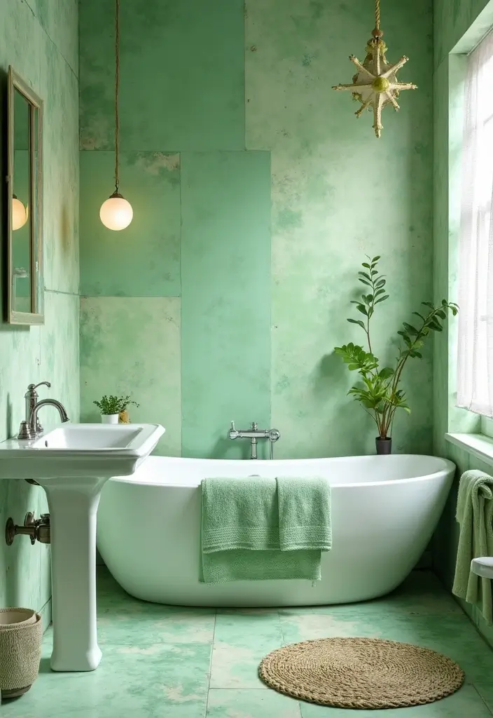29 Green And White Bathroom Designs That Feel Fresh - 21. Multi-colored Green and White Textiles 1