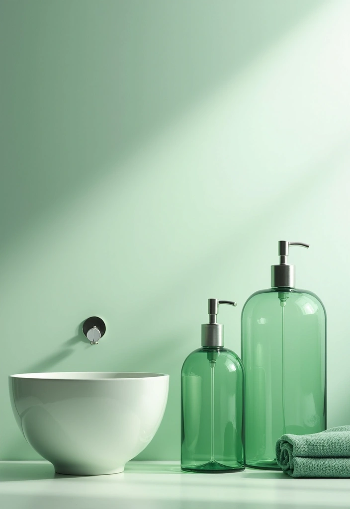 29 Green And White Bathroom Designs That Feel Fresh - 22. Soft Green Glass Decor 1