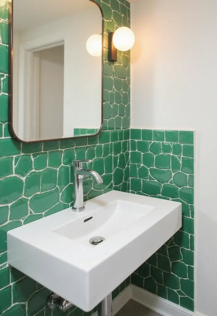 29 Green And White Bathroom Designs That Feel Fresh - 23. Green Mosaic Backsplash 1
