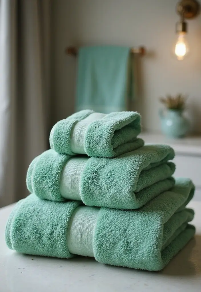 29 Green And White Bathroom Designs That Feel Fresh - 24. Luxurious Green Towels 1