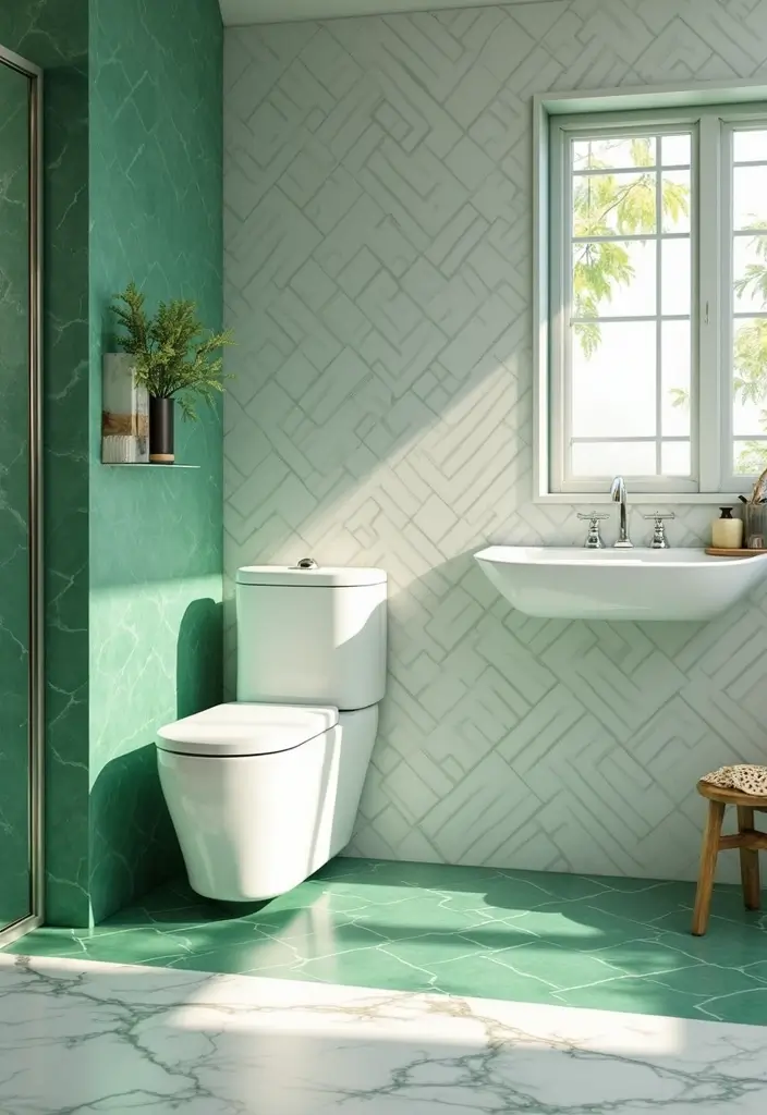 29 Green And White Bathroom Designs That Feel Fresh - 26. Elegant Green and White Tile Patterns 1