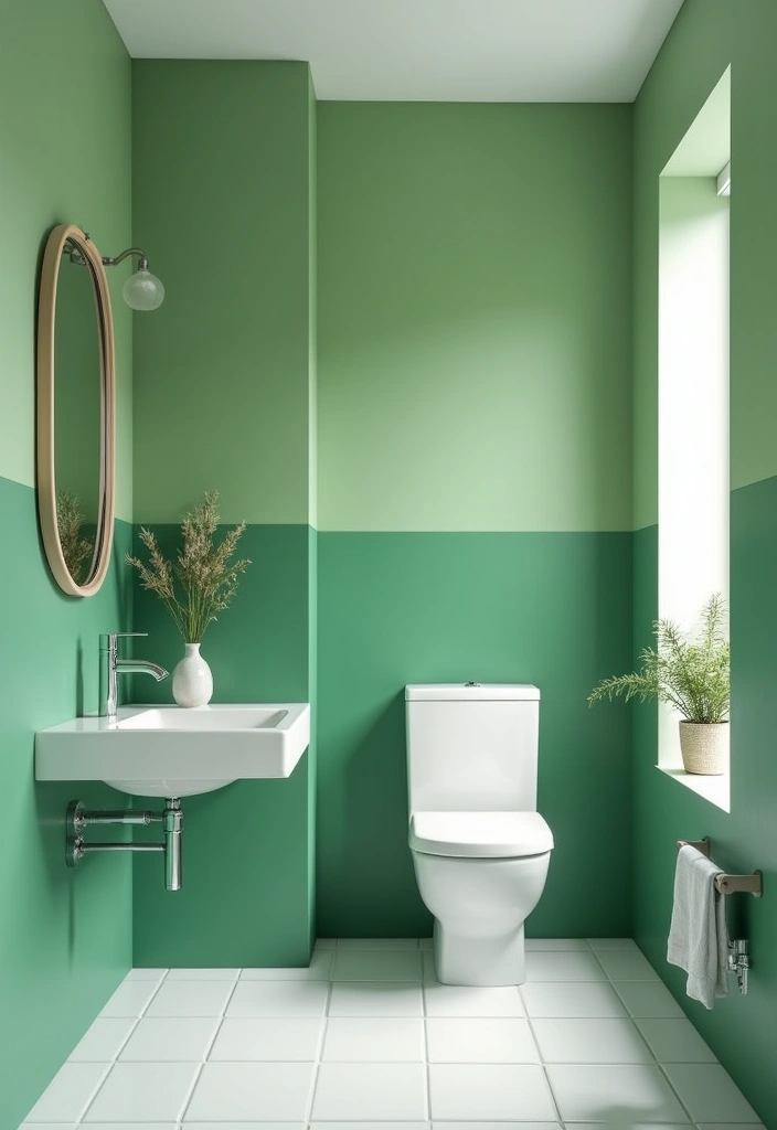 29 Green And White Bathroom Designs That Feel Fresh - 29. Green and White Color Blocking 1