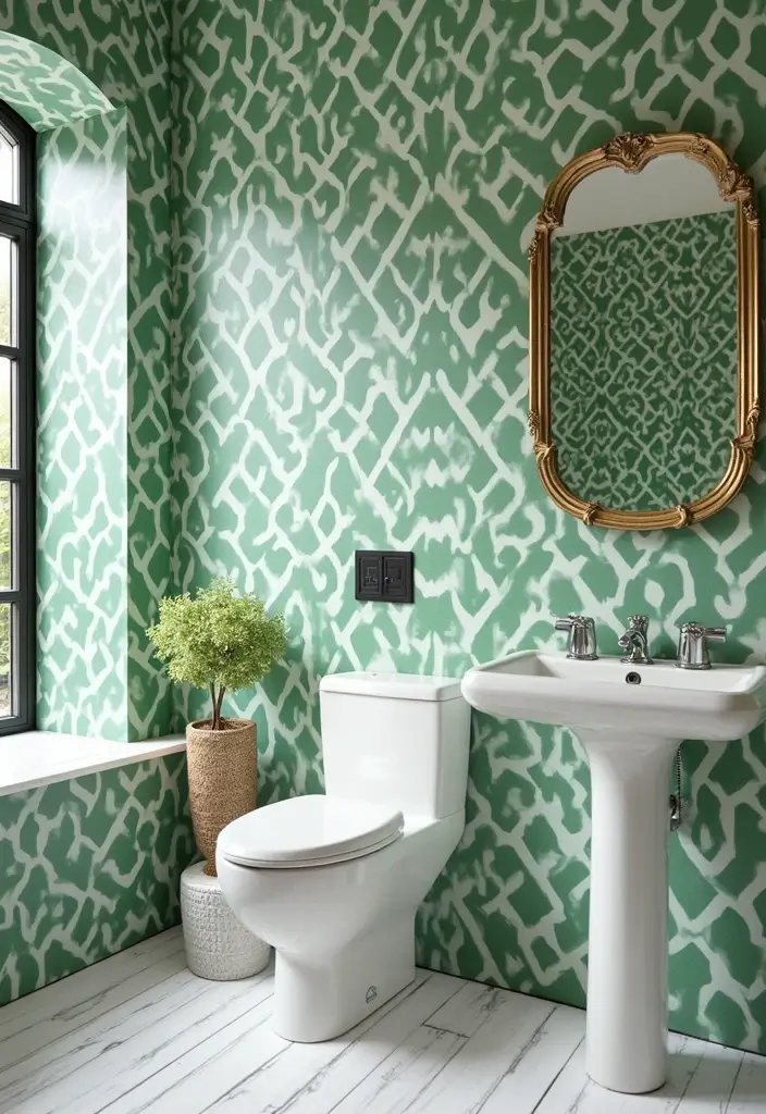29 Green And White Bathroom Designs That Feel Fresh - 6. Chic Green and White Wallpaper 1