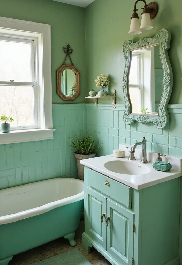 29 Green And White Bathroom Designs That Feel Fresh - 7. Vintage Green Accessories 1