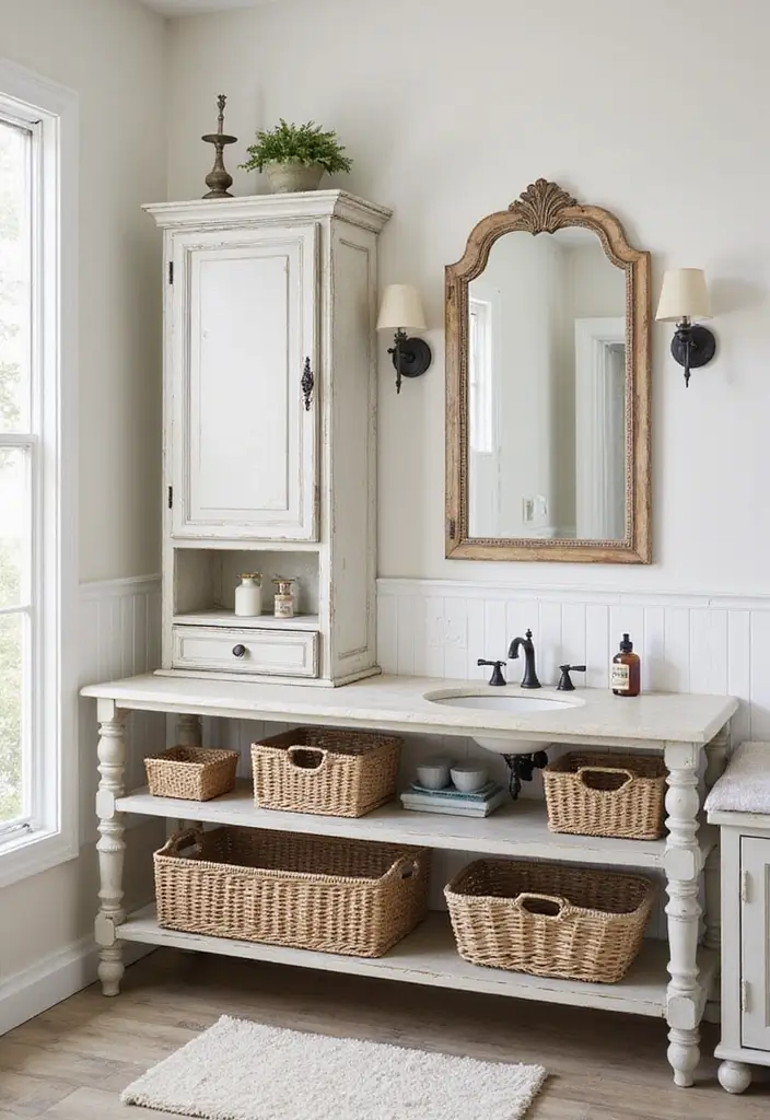 29 Modern French Country Bathroom Ideas That Feel Romantic - 18. Vintage Storage Solutions 1