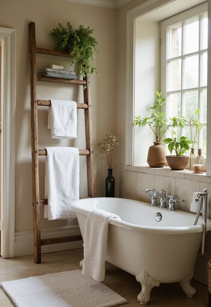 29 Modern French Country Bathroom Ideas That Feel Romantic - 23. Vintage Ladder Decor 1