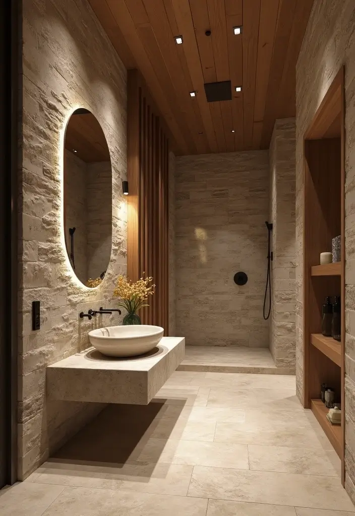29 Modern French Country Bathroom Ideas That Feel Romantic - 24. Rustic Appeal with Stone 1