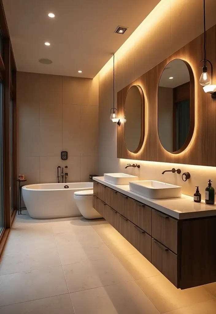 29 Modern Gray Bathroom Designs That Feel Sophisticated - 10. Layered Lighting 1