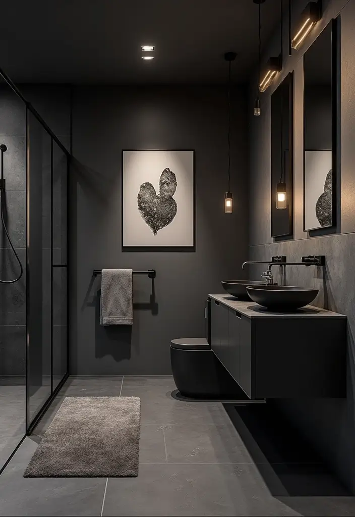 29 Modern Gray Bathroom Designs That Feel Sophisticated - 15. Bold Black and Gray 1