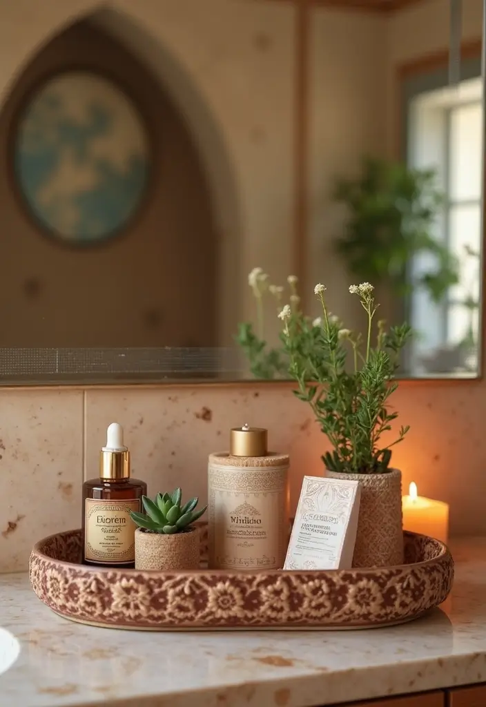 29 Moroccan Style Bathroom Designs Full Of Detail - 20. Decorative Trays for Organization 1