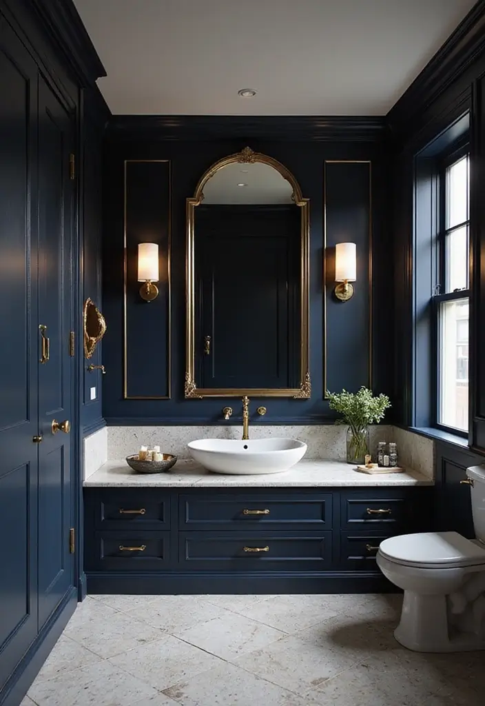 29 Navy Blue And Gold Bathroom Designs That Exude Luxury - 1. Deep Navy Walls with Gold Trim 1