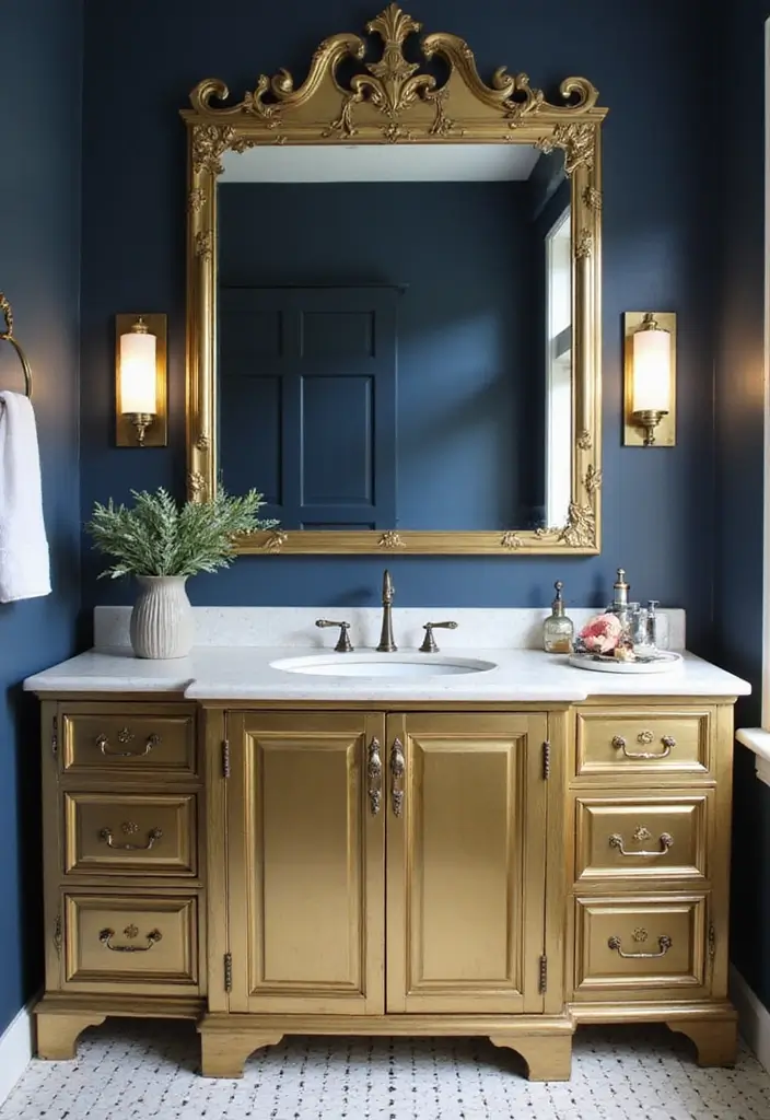 29 Navy Blue And Gold Bathroom Designs That Exude Luxury - 13. Gold Accented Cabinetry 1