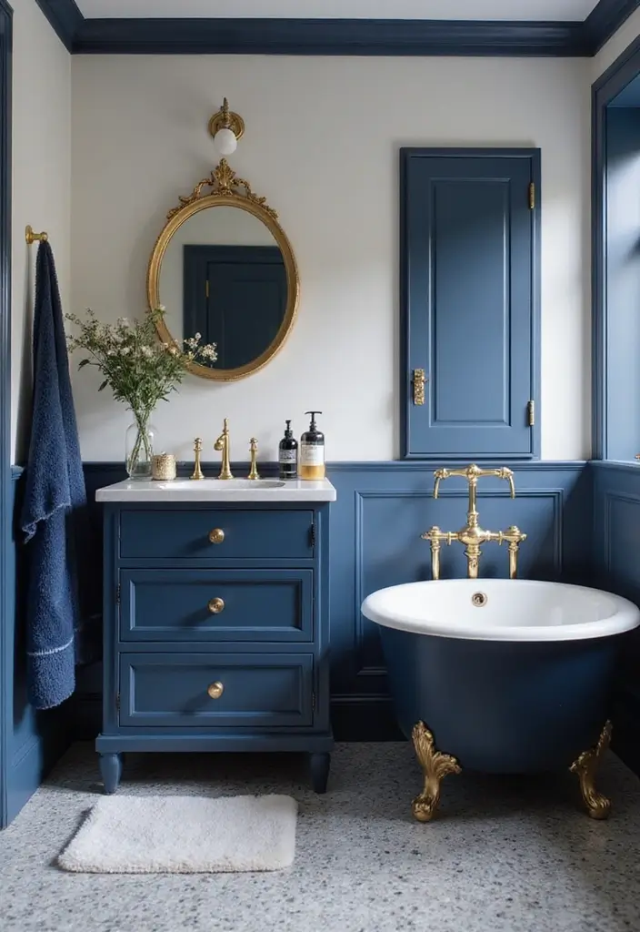 29 Navy Blue And Gold Bathroom Designs That Exude Luxury - 21. Navy Blue Bathroom Accessories 1