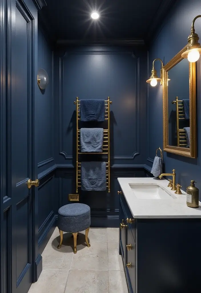 29 Navy Blue And Gold Bathroom Designs That Exude Luxury - 22. Gold Towel Holders 1
