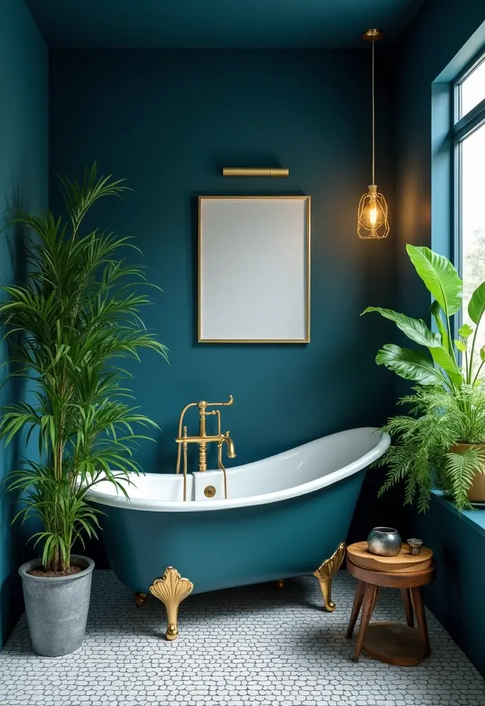 29 Navy Blue And Gold Bathroom Designs That Exude Luxury - 28. Refreshing with Plants 1