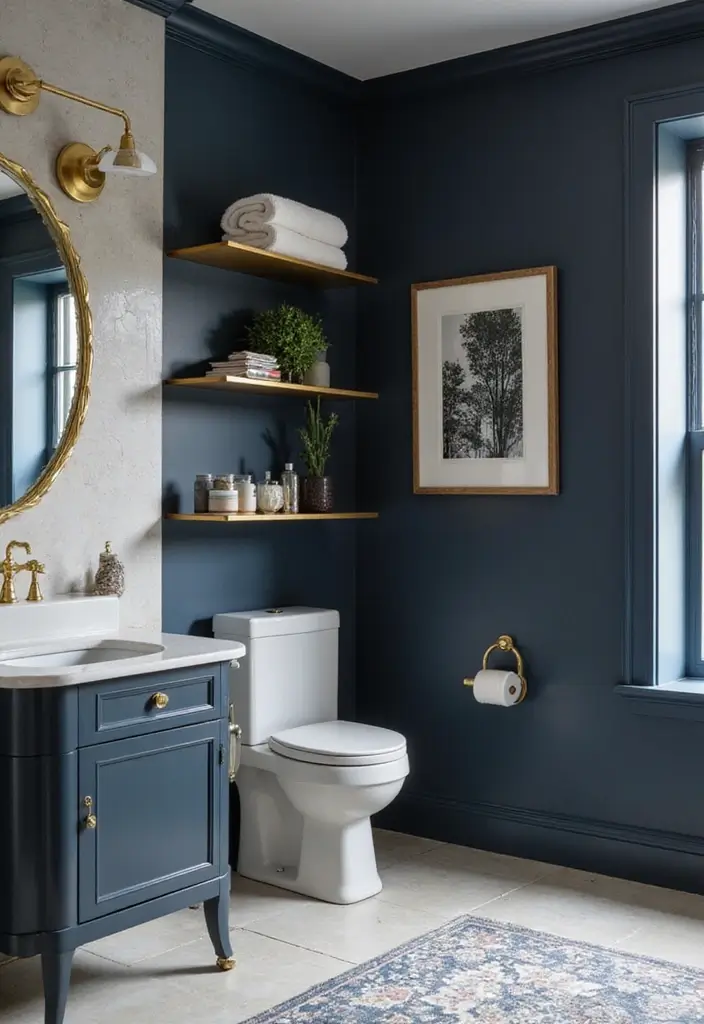 29 Navy Blue And Gold Bathroom Designs That Exude Luxury - 5. Stylish Gold Shelving 1