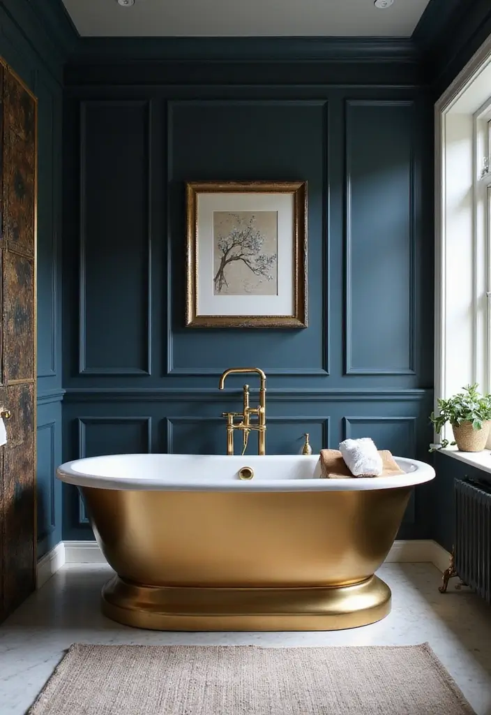29 Navy Blue And Gold Bathroom Designs That Exude Luxury - 6. Luxurious Gold Bathtubs 1