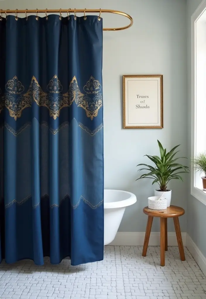 29 Navy Blue And Gold Bathroom Designs That Exude Luxury - 7. Navy and Gold Shower Curtains 1