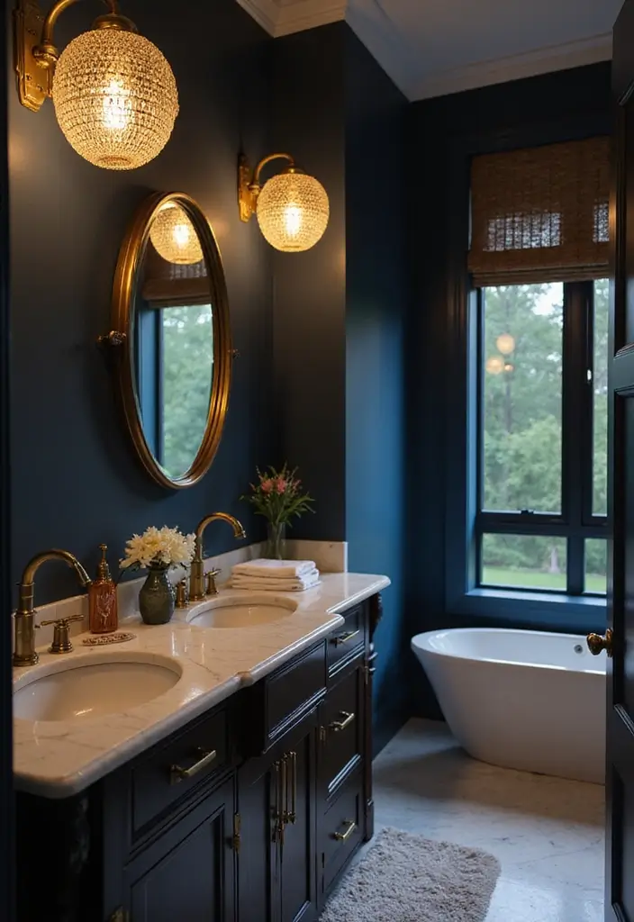 29 Navy Blue And Gold Bathroom Designs That Exude Luxury - 9. Twinkling Gold Lighting Fixtures 1