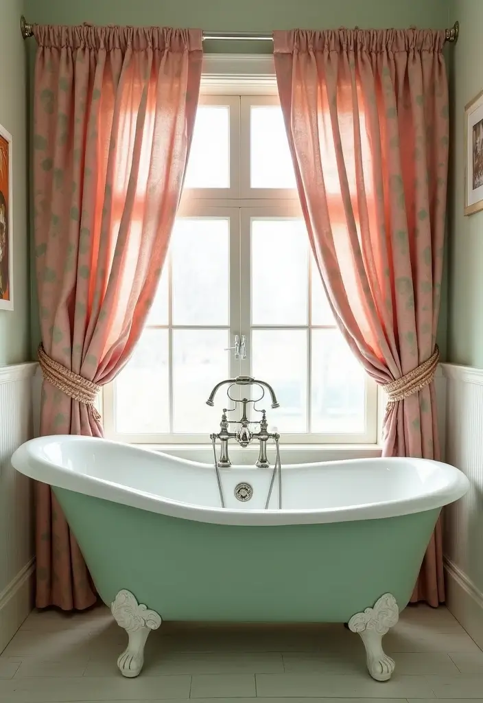 29 Pink And Green Bathroom Ideas That Look Trendy - 12. Elegant Curtains 1